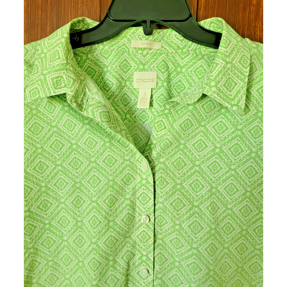 Chico’s Women's 3 No Iron 100% Cotton Blouse Light Green Diamond Pattern Spring - Picture 3 of 12